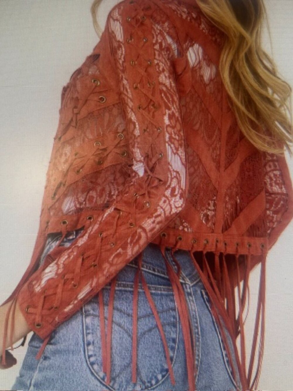 Vocal Women's Red Brick Suede Lace Stitching Fringe Open Tassel Jacket NEW - Picture 14 of 16